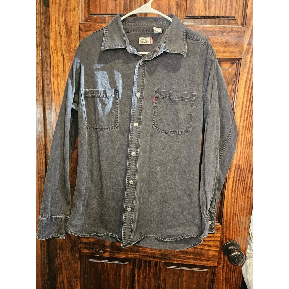Vintage Levis Black Denim Shank Button Up Western Jean Shirt Mens Large